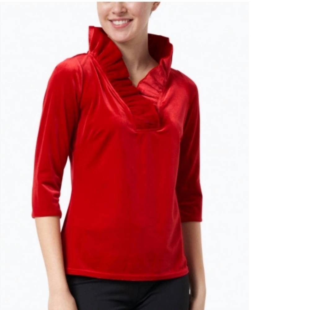 gretchen scott ruffneck top in crimson red velvet, euc